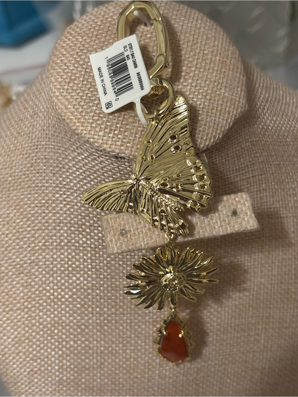 Gold Butterfly & Sunflower Dangle Bag Charm with Red Stone - Women's Jewelry